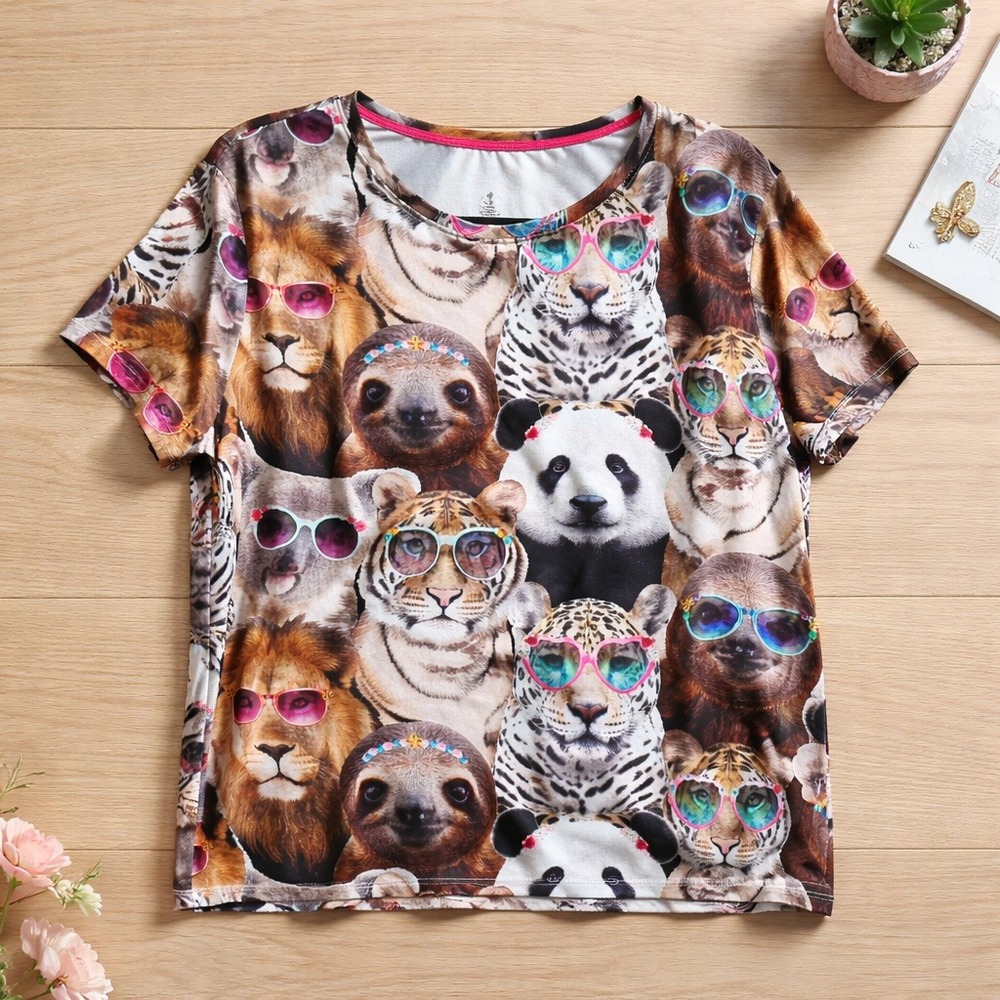 Secret Treasures L Women's Animal Print T Shirt Sunglasses Sloth Panda 12-14